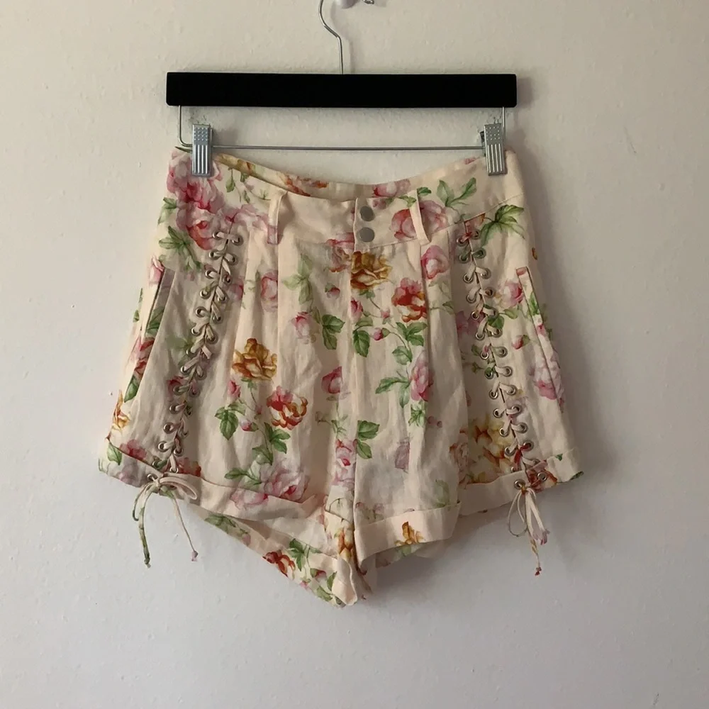 NWT The Kooples 100% Linen Antique Floral Lace-Up Shorts